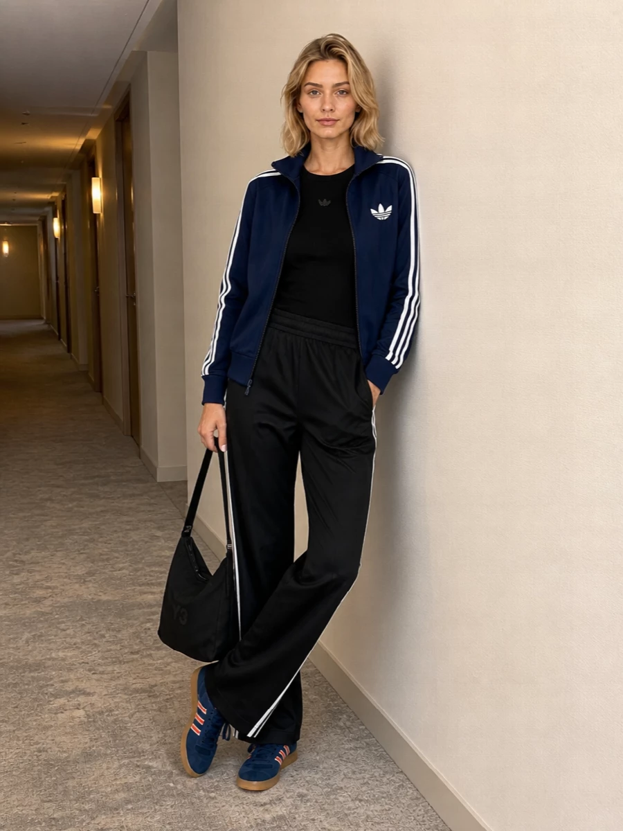 Adidas track jacket wide leg pants outfit
