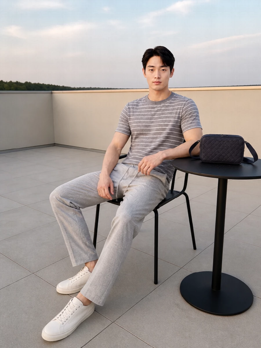 Minimalist grey drawstring trousers suede sneakers