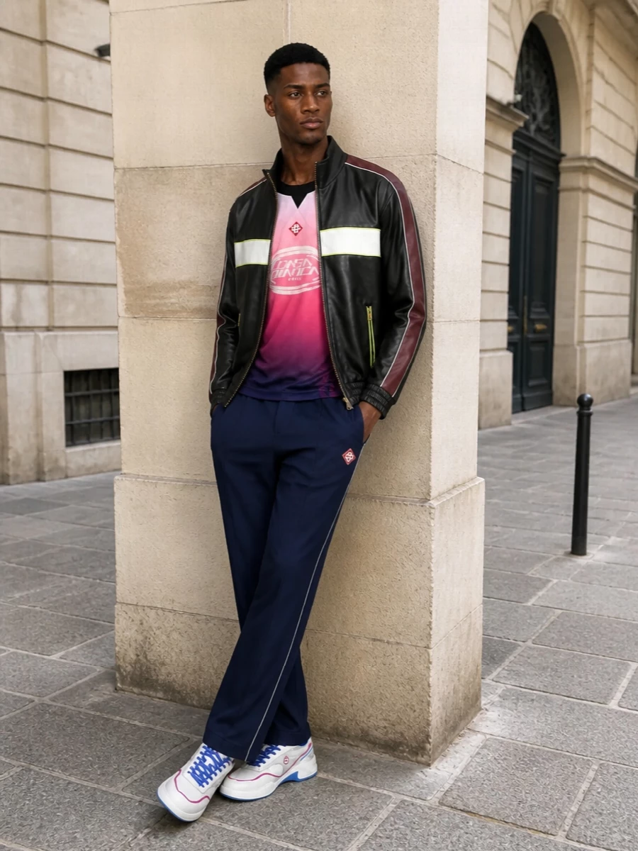Casablanca leather racing jacket track pants outfit