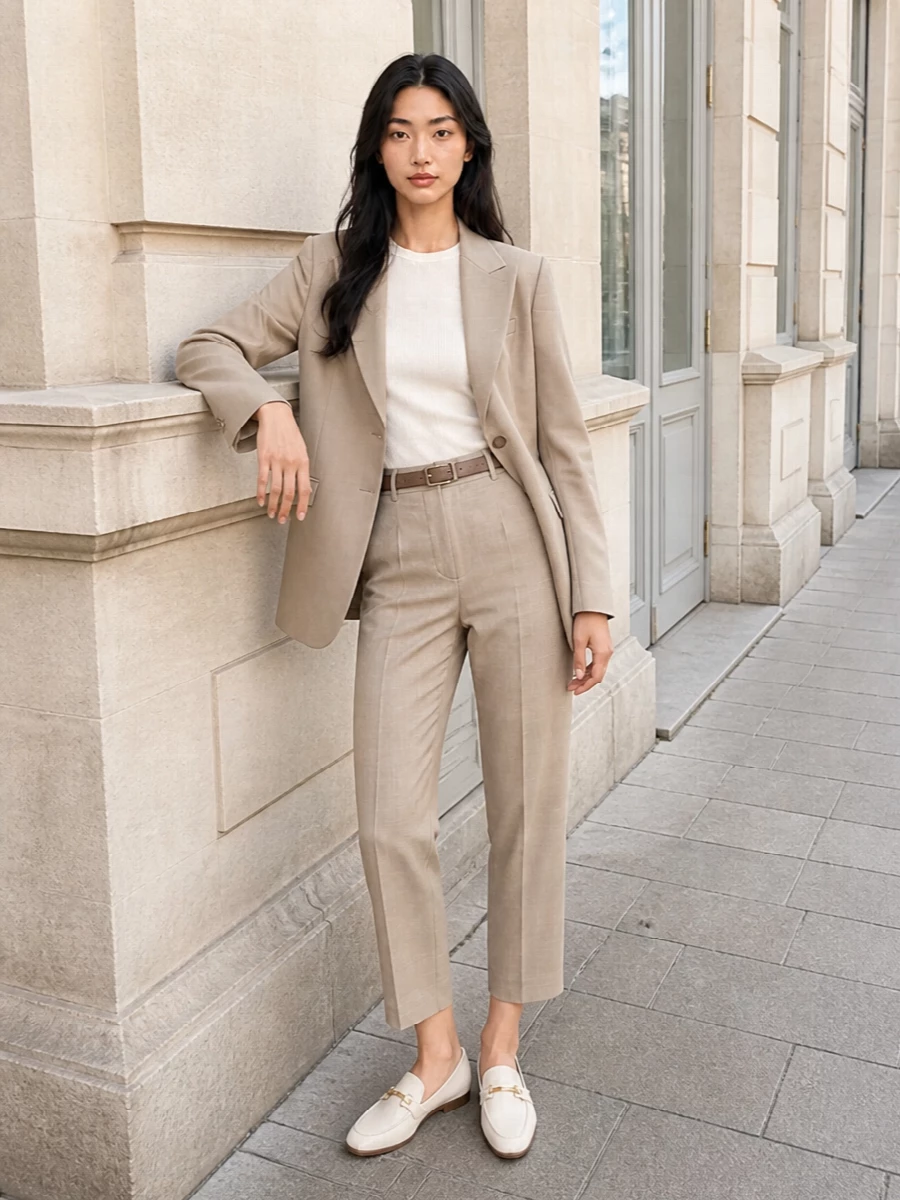 Warm beige tailoring meets soft ivory accents for a quietly confident city uniform. The longline blazer and cropped pleated trouser create a clean vertical line, sharpened just enough by the tonal belt. Ivory loafers and a structured top-handle keep the mood polished yet easy for long office days that stretch into dinner.
