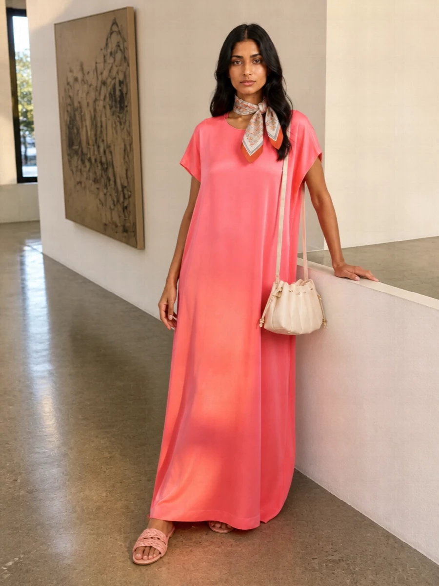 Semicouture coral maxi dress neutral accessories