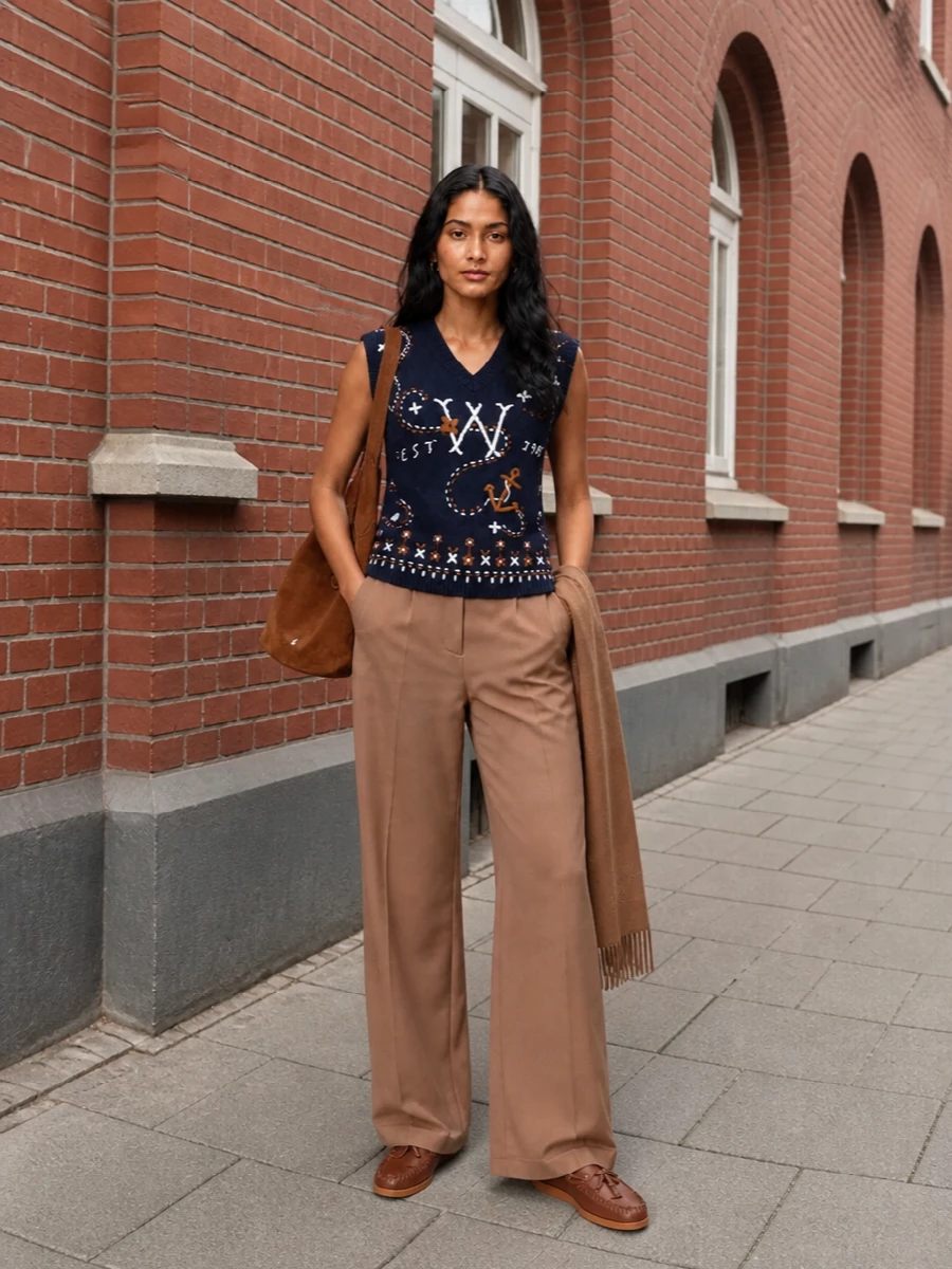 Max mara navy vest camel wide leg trousers