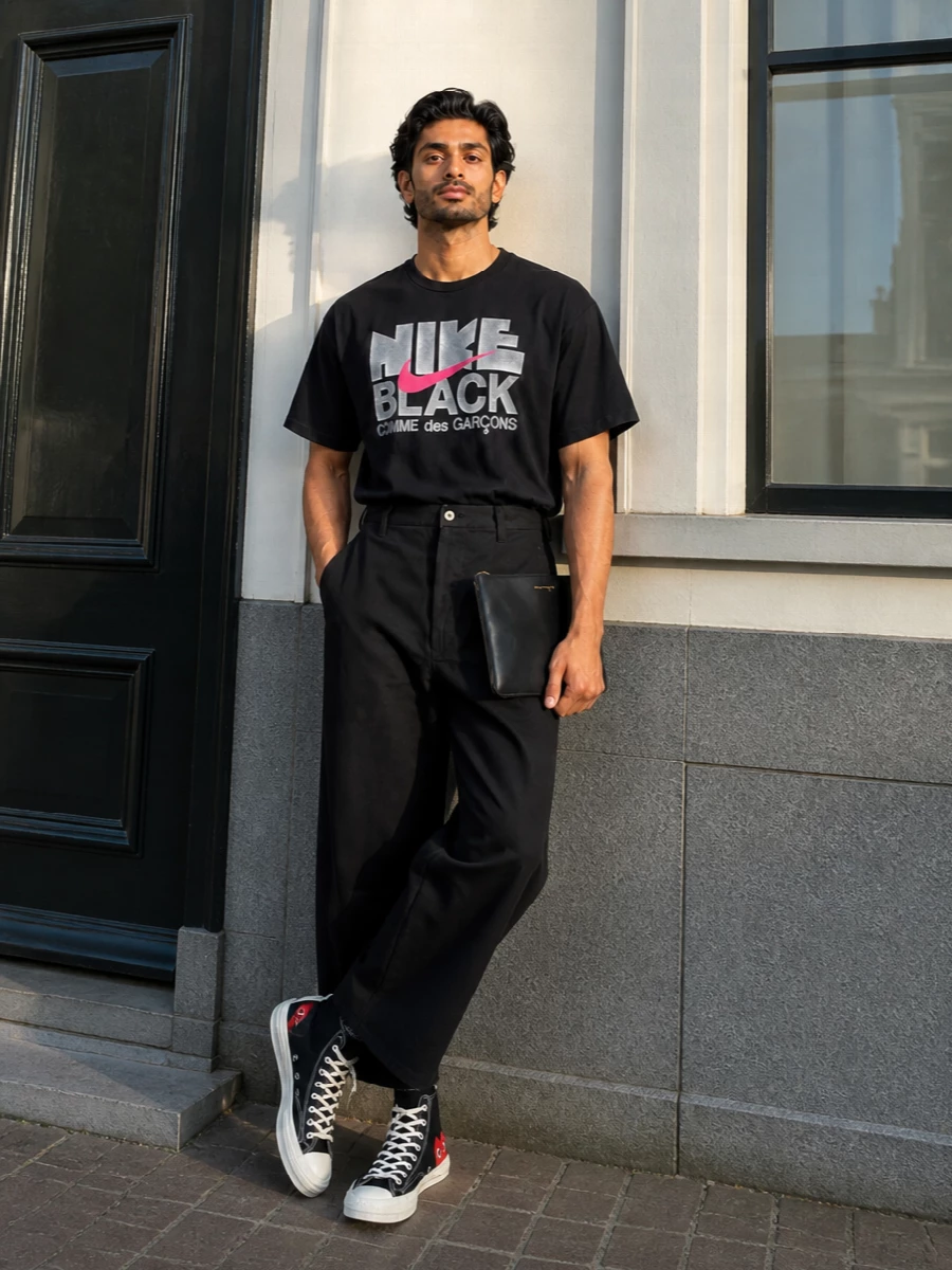 Comme des garcons wide jeans nike graphic tee