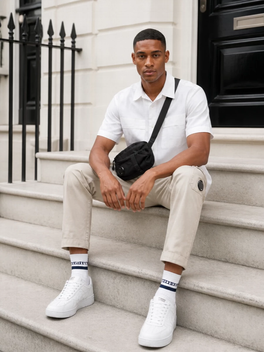 Cp company shirt cargo shorts white sneakers