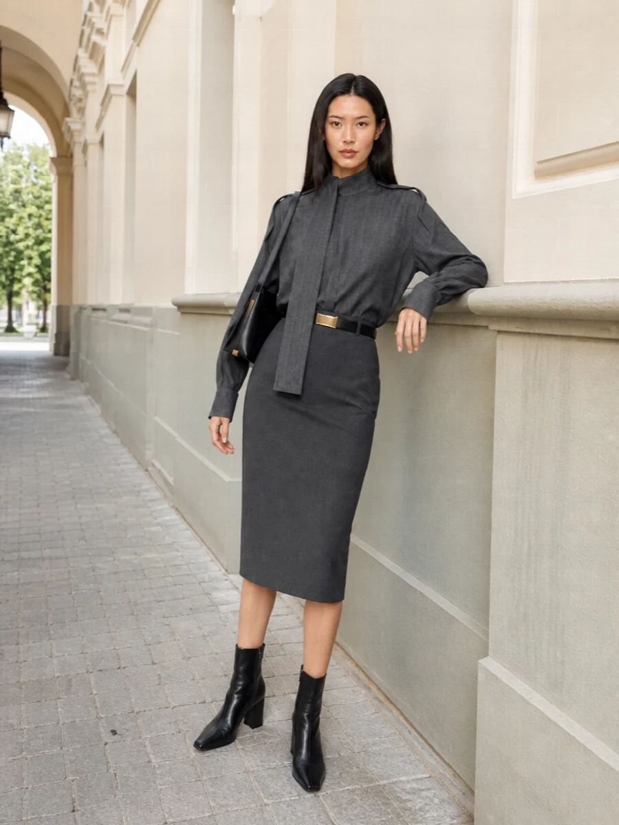 Jil sander charcoal pencil skirt mock neck shirt