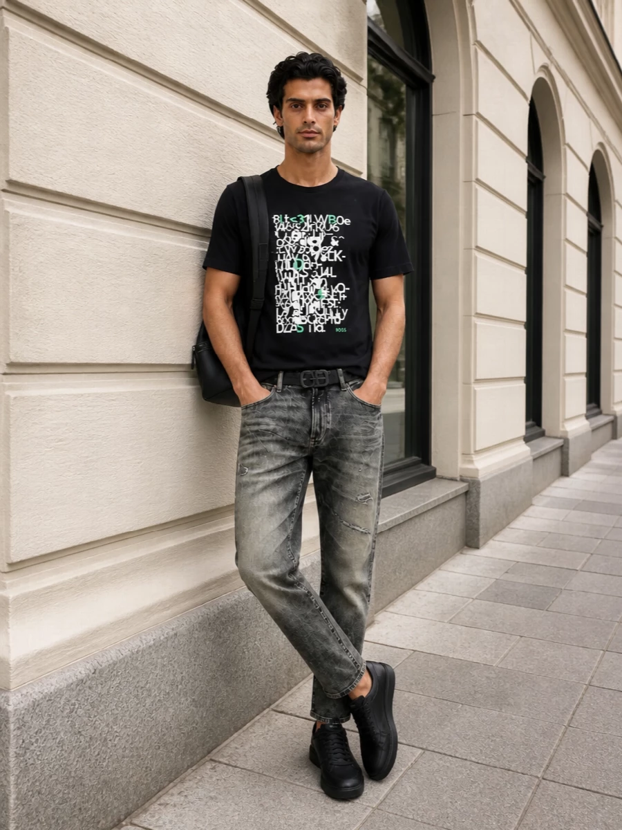Boss graphic tee faded jeans black sneakers