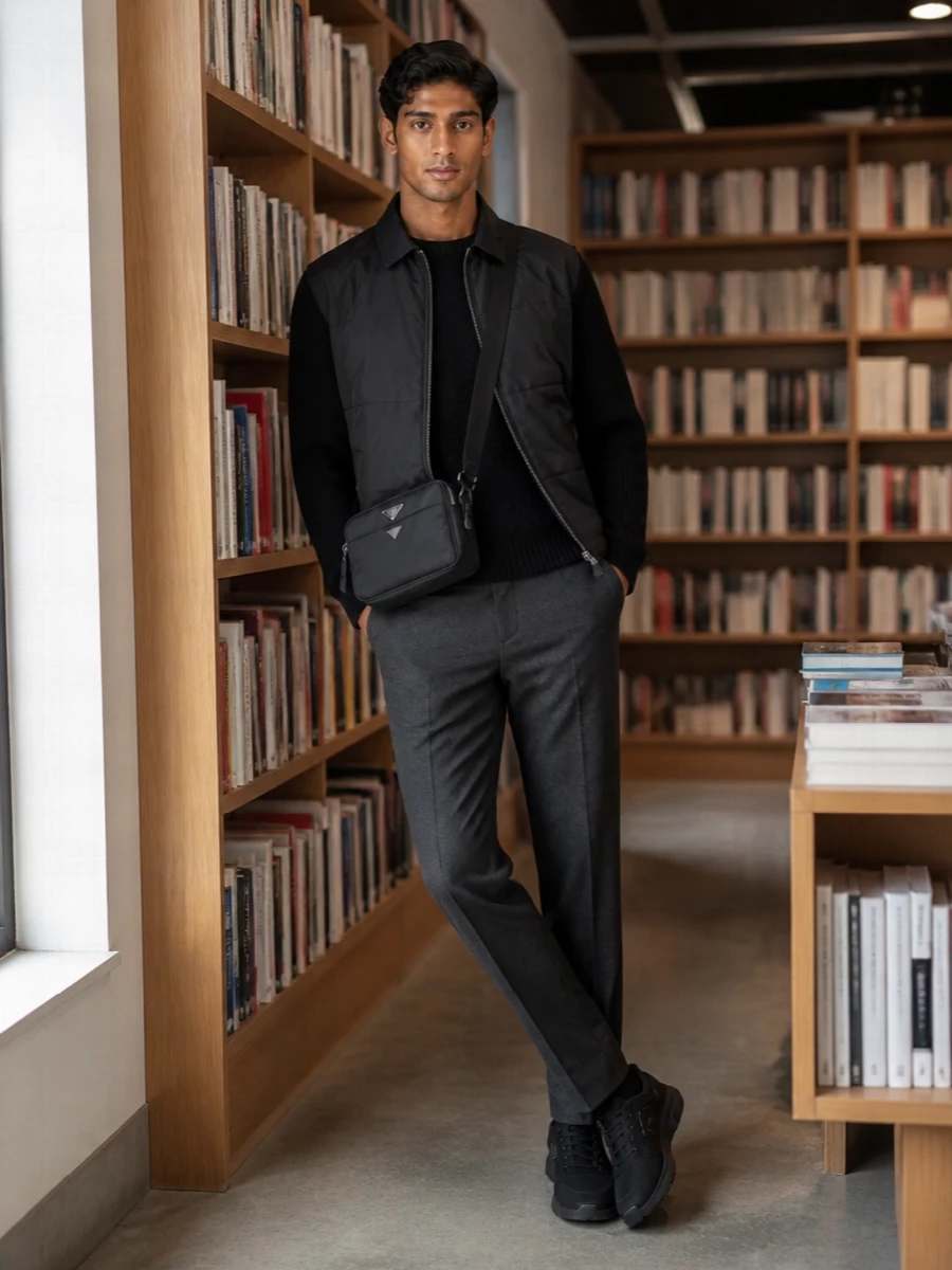 Prada mens black bomber charcoal trousers outfit