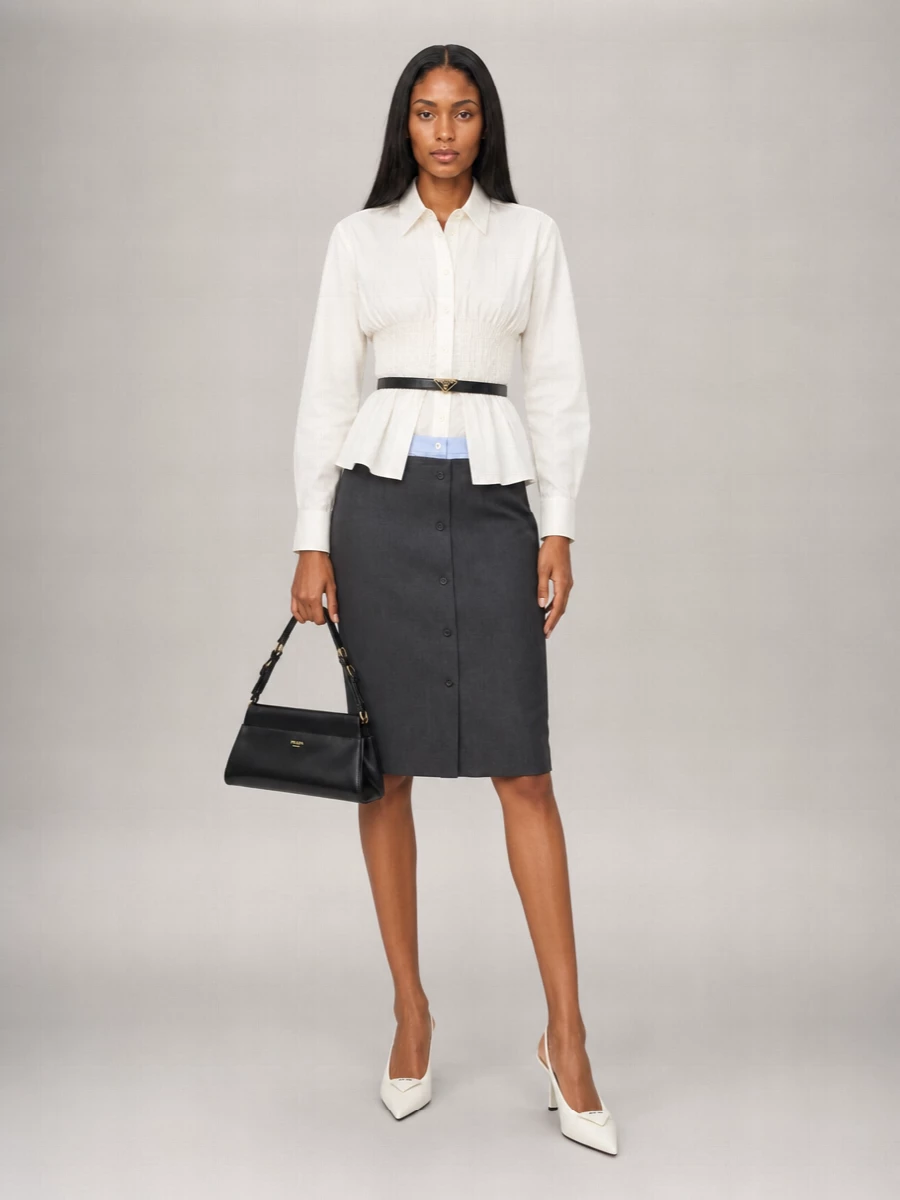 Prada Wool Blend Buttoned Double-Layer Midi Straight Skirt