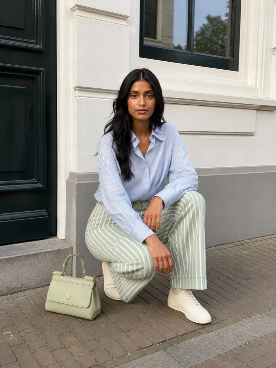 Soft tailoring in sage and pale blue keeps this wide-leg trouser feeling airy yet intentional for city days or low-key dinners. The oversized striped shirt and creamy minimal sneakers lean relaxed, while the pistachio mini bag and mint belt give just enough structure and colour nuance. It is an easy, quiet mix of vertical lines and gentle greens that reads polished without feeling formal.