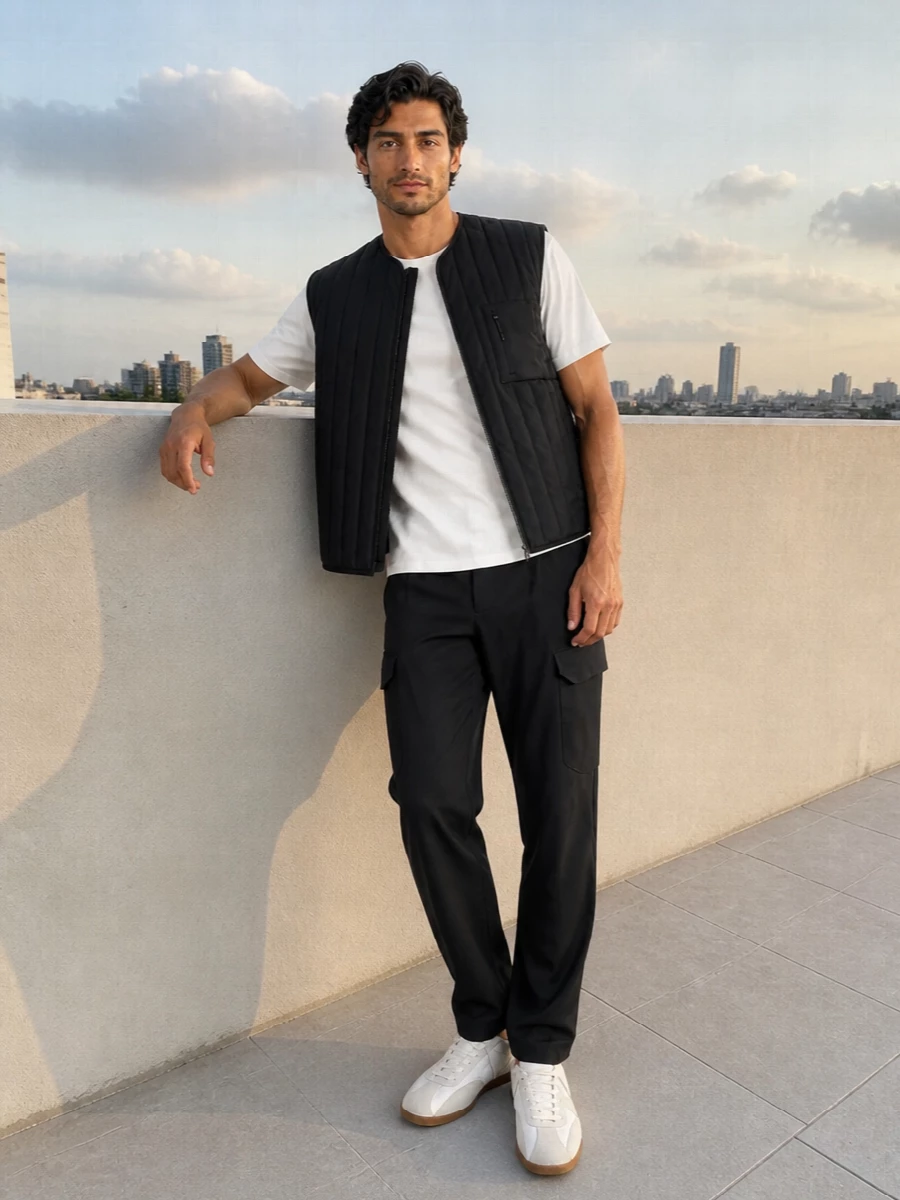 A clean black and off-white palette keeps this utility story sharp, with the quilted gilet and cargo trouser forming a modern technical column. The soft tee and retro trainers relax the mood just enough, while the structured Rains backpack locks it firmly into city-commuter territory. It is a quietly functional outfit built for transitional days and long urban miles.