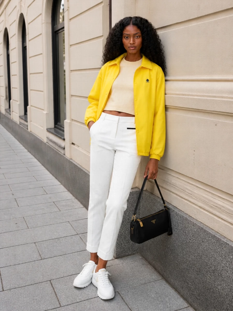 Prada yellow coach jacket white sport trousers outfit