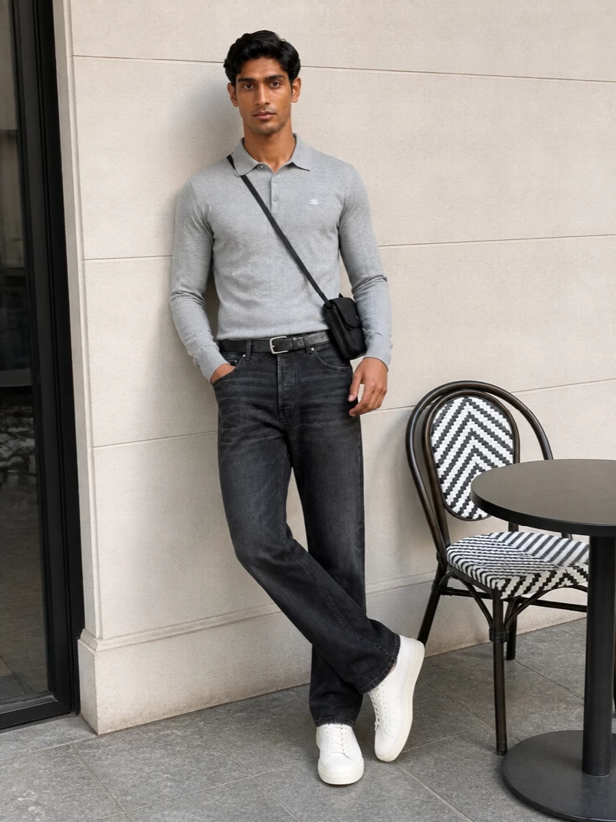 Celine grey jeans knit polo white sneakers