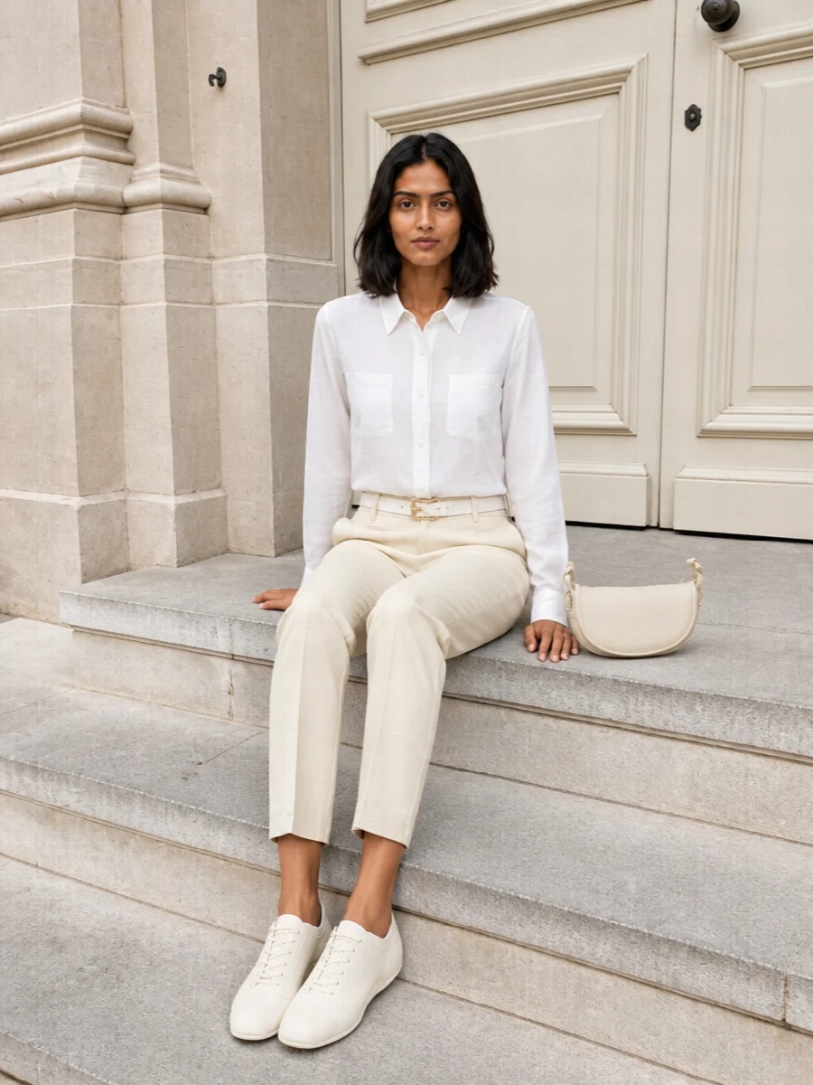 Dries van noten neutral tailored outfit sneakers