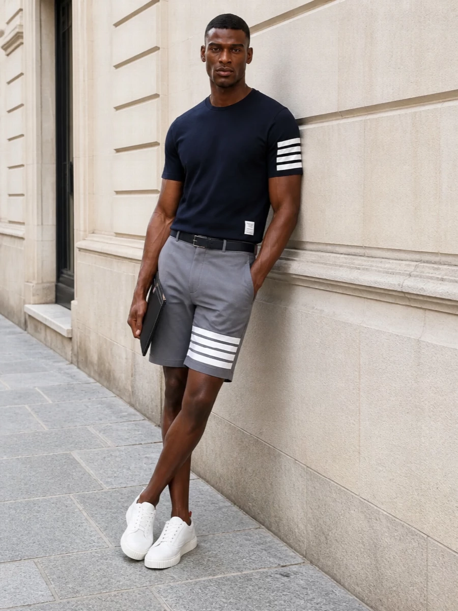 Thom browne navy tee sport shorts outfit