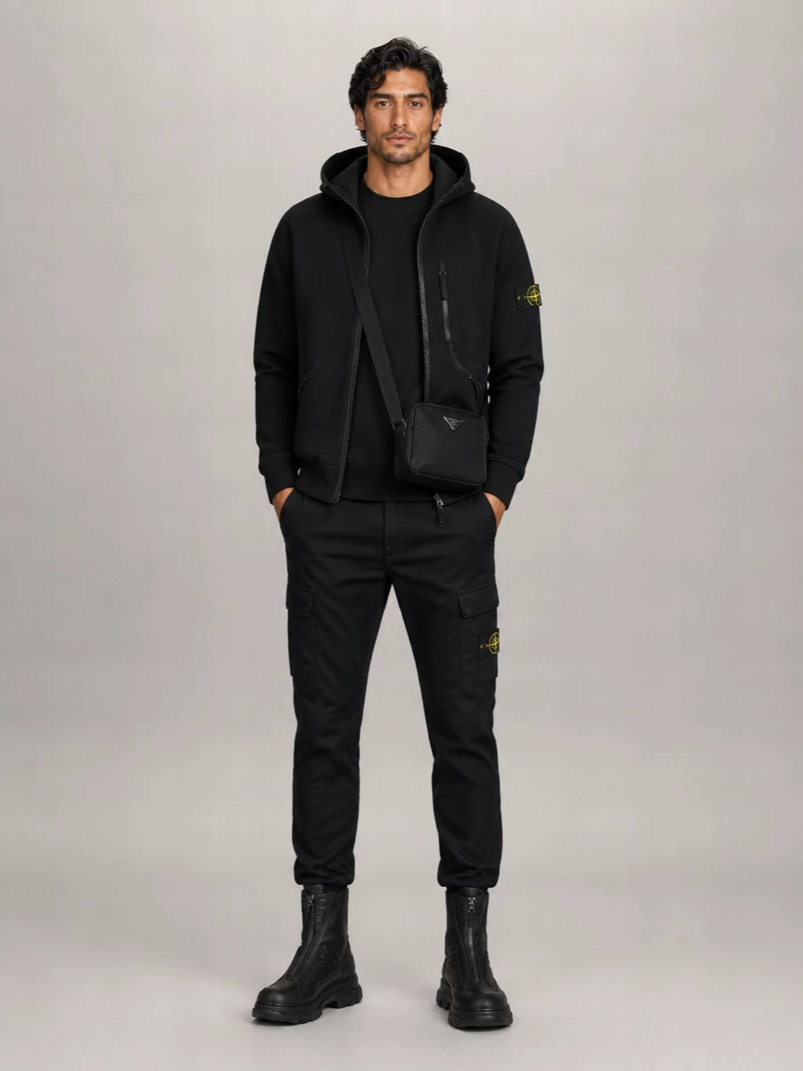 Stone Island Virgin Wool Hooded Single Breasted Coat