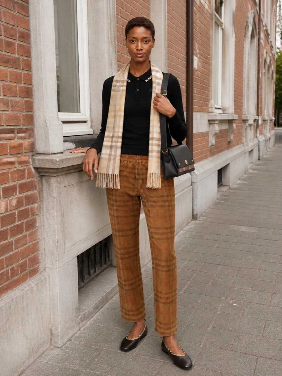 Burberry black polo camel check trousers outfit