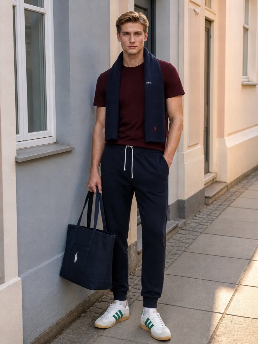 Lacoste burgundy tee navy joggers outfit