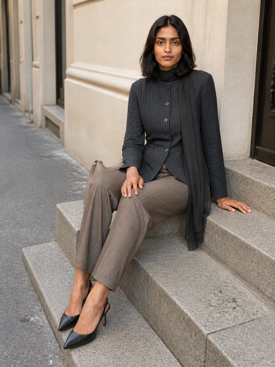 Charcoal pinstripes meet softly shimmering taupe for a modern take on tailoring that feels polished but not rigid. The straight-leg trouser and slingback heel keep the proportions long and clean, while the taupe baguette and gauzy charcoal scarf quietly echo the neutral palette. It is an easy boardroom-to-dinner combination that reads composed and precise without ever feeling overdone.
