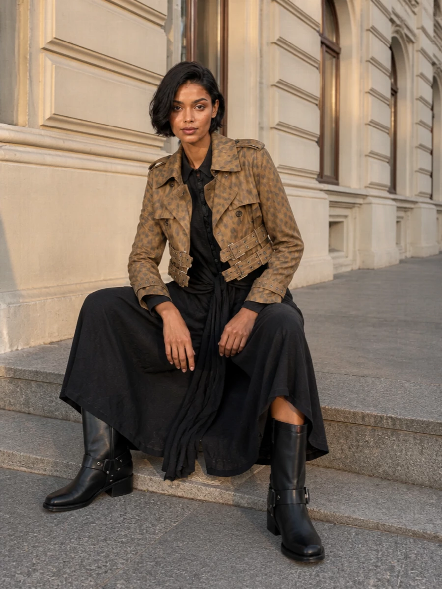 Ganni trench black shirt dress biker boots