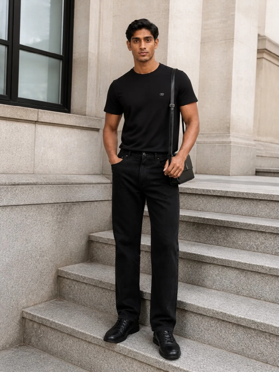 A black Valentino tee sits over deep black Fear Of God denim for a quiet, monochrome base that feels considered but relaxed. Fendi’s sleek black sneaker keeps the line clean rather than sporty. The structured Alexander McQueen shoulder bag adds a precise, architectural note that sharpens the whole combination without breaking the understatement.