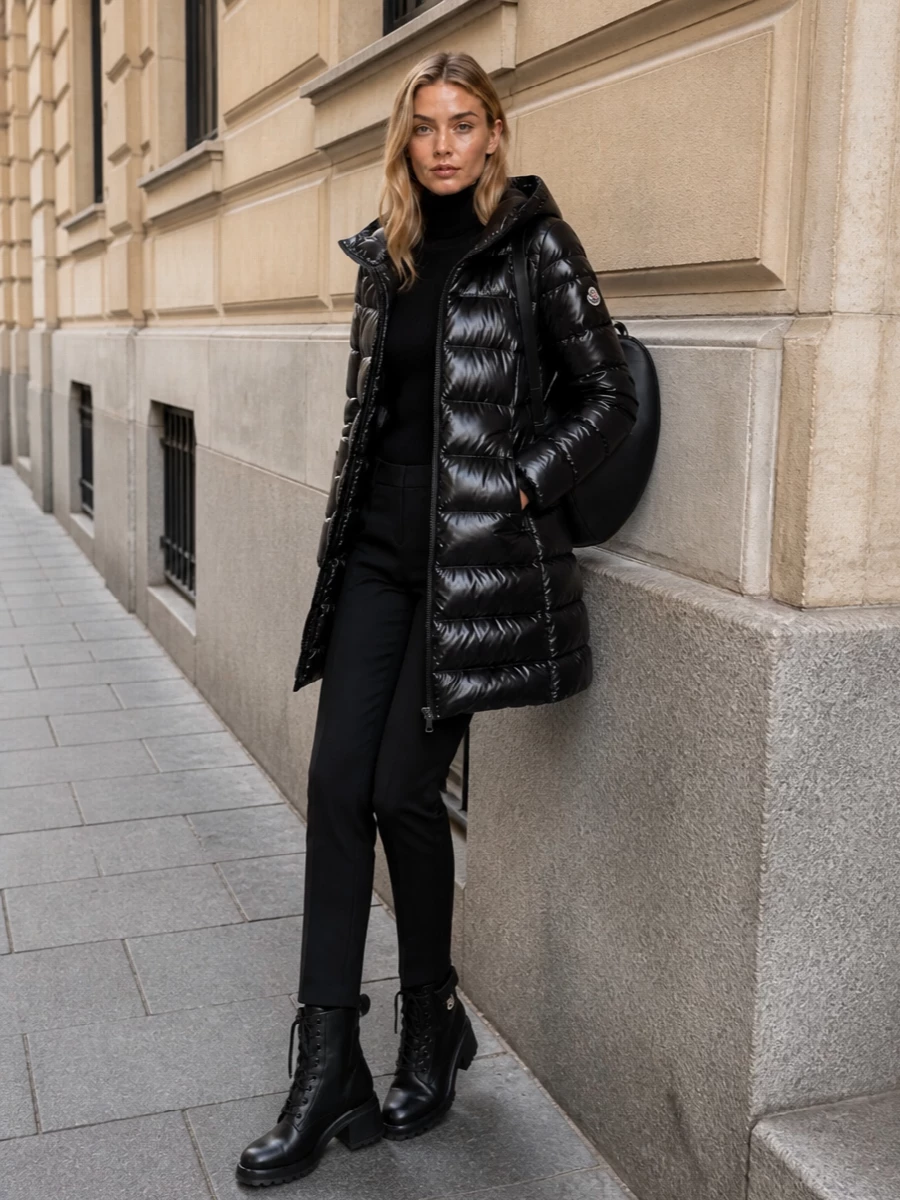 This look pushes the Moncler longline glossy puffer into a sharp city-uniform direction: a second-skin black ribbed turtleneck and slim tailored trousers create a clean column under the coat, so the shine feels intentional rather than bulky. Chunky heeled combat boots ground the silhouette with alpine edge, while the sculptural Coperni oval backpack adds a futuristic, hands-free finish that keeps everything firmly in the elevated street-sport realm. I chose the top-and-bottom route over dresses to stay closer to the coat’s technical, commute-ready spirit and preserve a streamlined, performance-luxe profile.