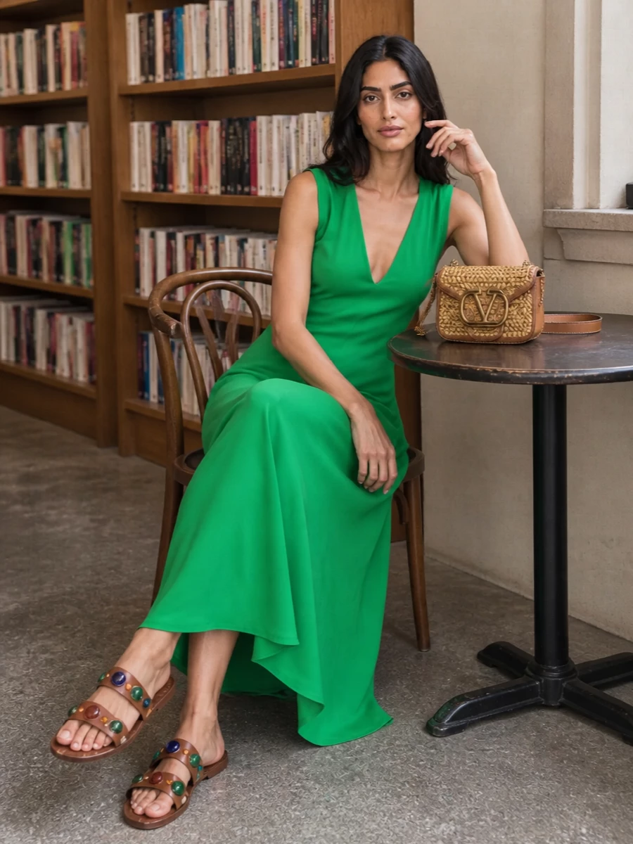 A vivid green midi dress lets the jeweled slides be the playful punctuation, keeping everything fluid and unfussy through the body. Tan and raffia at the shoulder echo the sandals’ leather and keep the palette grounded in warm neutrals. This is a summer-in-the-city or holiday-dinner outfit that reads relaxed yet refined, with color doing the work instead of heavy structure.
