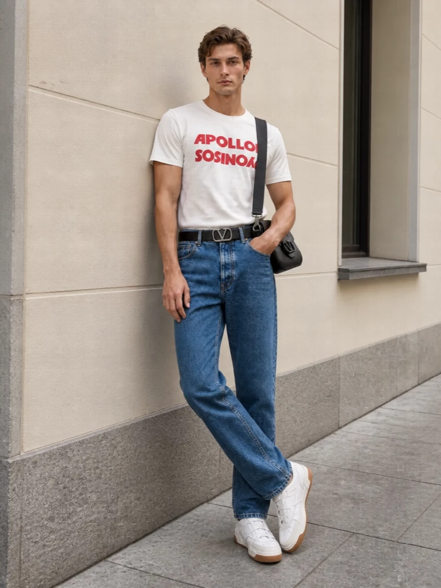 An off-white varsity tee and clean mid-wash straight denim set a sharp, grounded base that feels collegiate without leaning nostalgic. Off-white court sneakers and a black leather crossbody keep the palette tight and modern, while a structured V-logo belt quietly sharpens the waistline. The result is easy, graphic streetwear with a precise Italian finish that works from day in the city to low-key nights out.