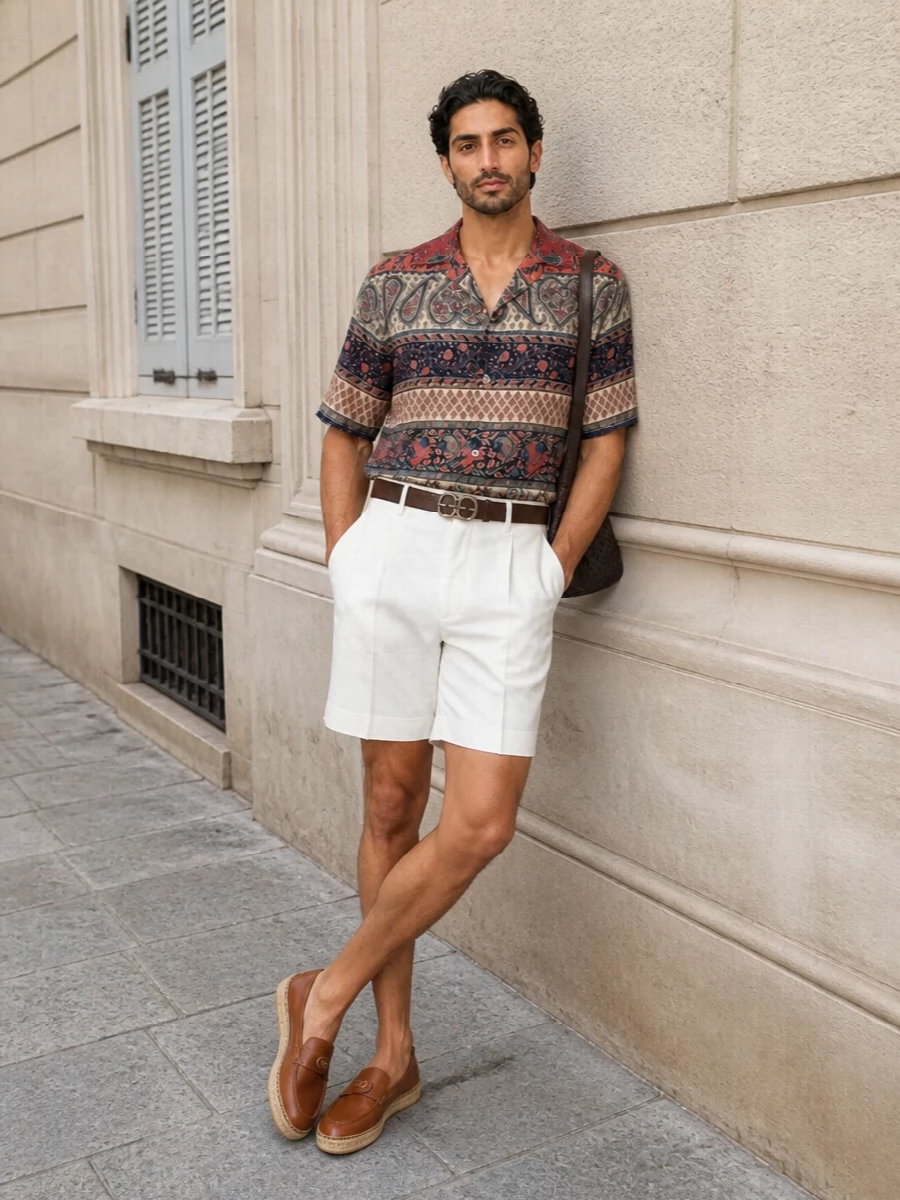 This look lets the Valentino paisley camp shirt lead, anchoring it with crisp off‑white tailored shorts that echo the lighter tones in the print and keep the silhouette sharp but relaxed. Tan espadrille loafers and a deep brown intrecciato crossbody reinforce the warm, bohemian palette while maintaining a quiet-luxury feel, with a slim brown leather belt adding just enough structure at the waist for polished summer city or resort dressing.