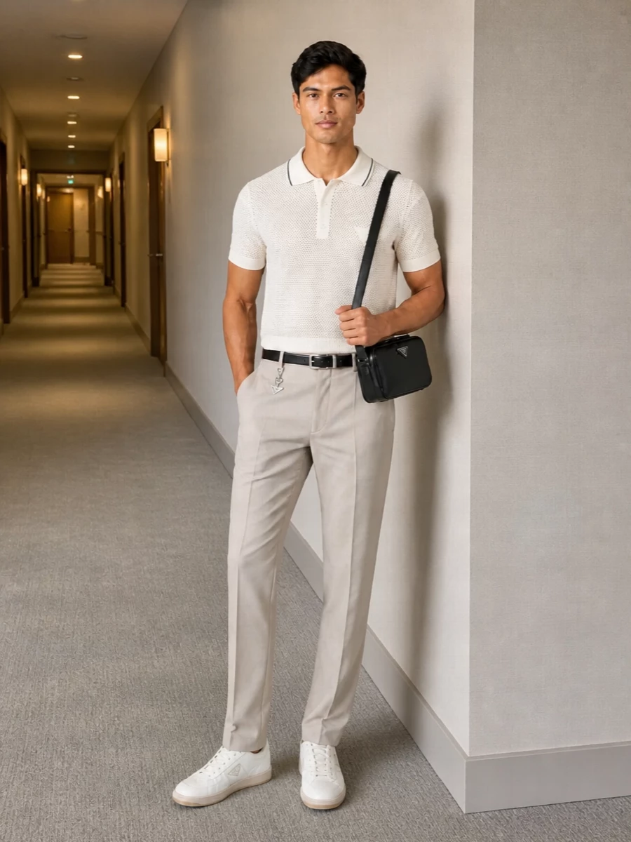 Prada cream polo beige trousers sneakers