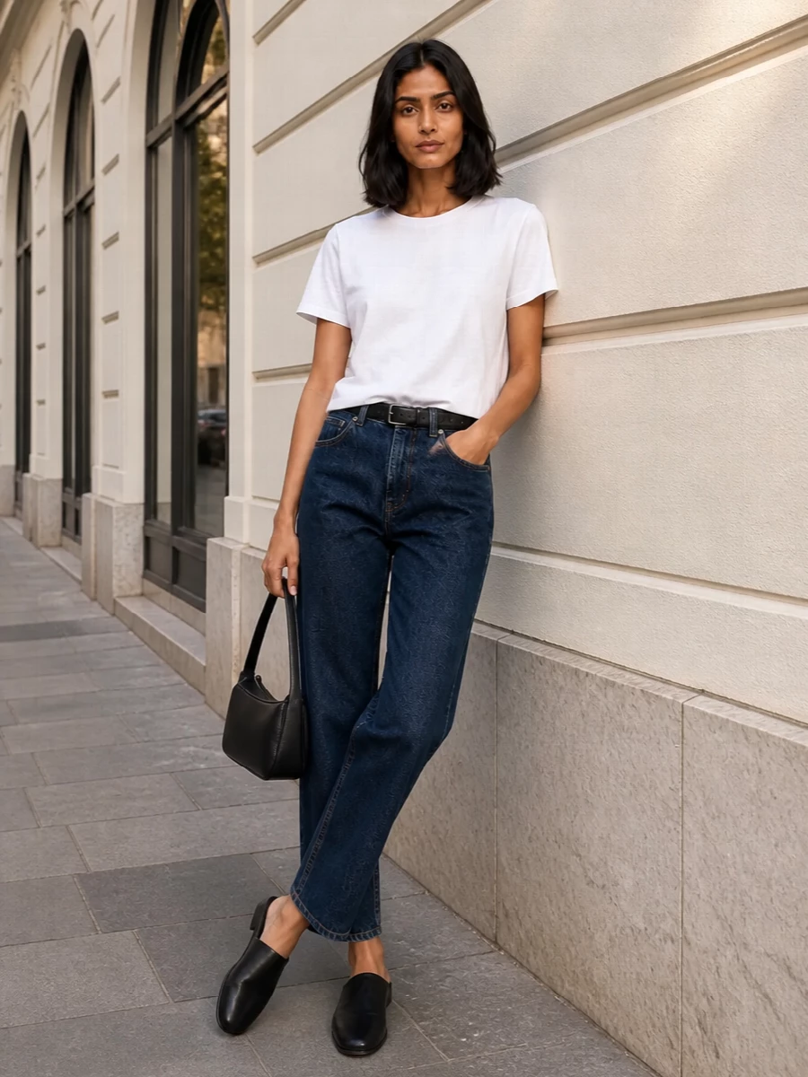 Loulou studio jeans white tee black loafers