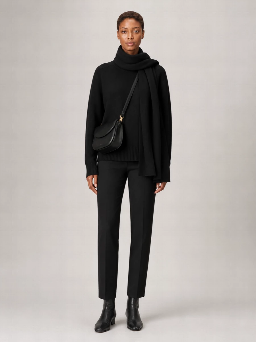 A quietly precise all-black column built from cocooning cashmere and clean tailoring, this is the knit uniform that slips from studio to dinner without a second thought. The straight-leg trouser and sock boot stretch the line, while the structured cross-body and pure black scarf bring just enough definition to keep the softness feeling intentional rather than slouchy. Wear the sweater neatly untucked for a long, uninterrupted silhouette that still feels relaxed on the body.
