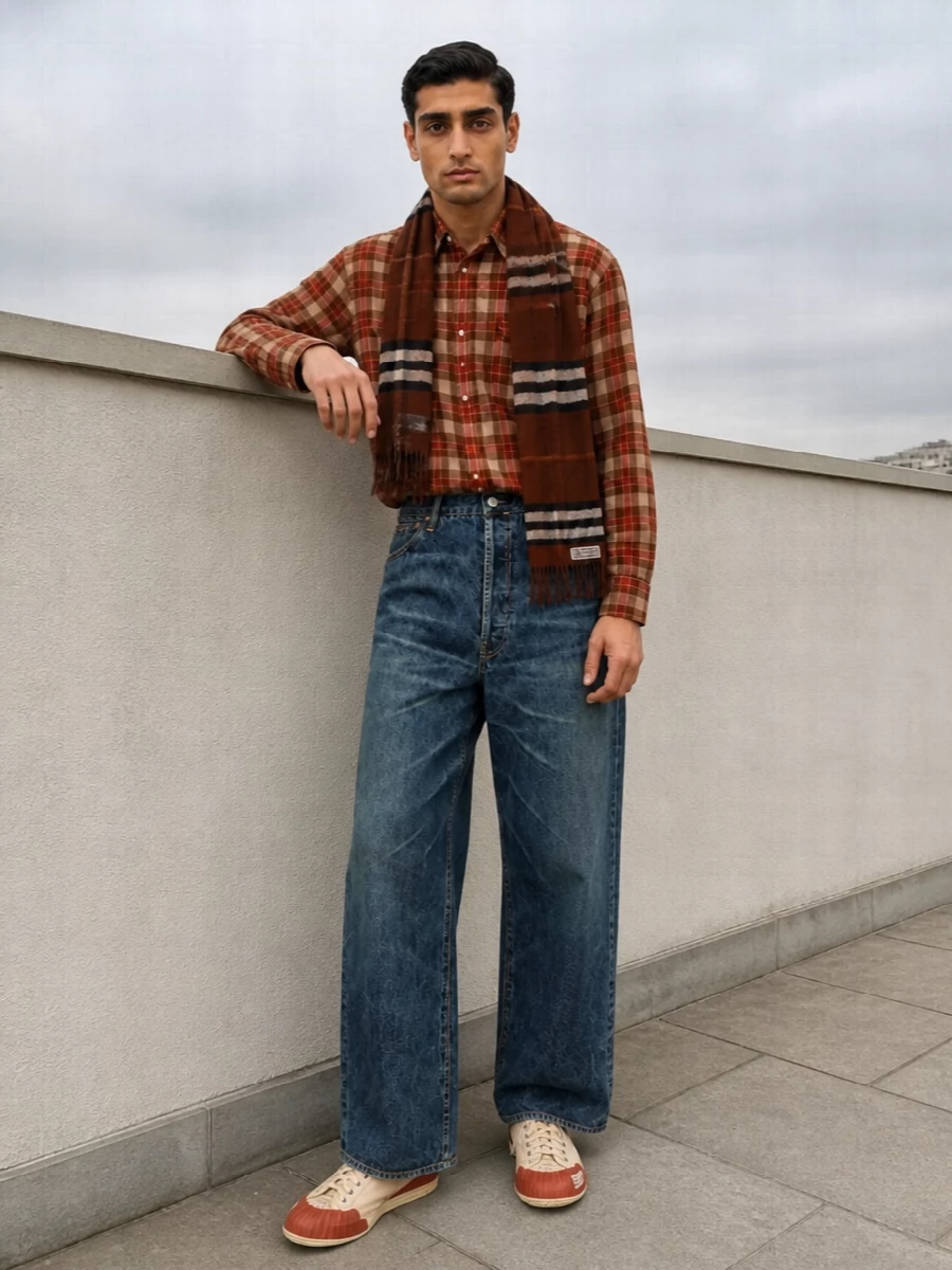 Visvim flannel wide leg jeans canvas sneakers