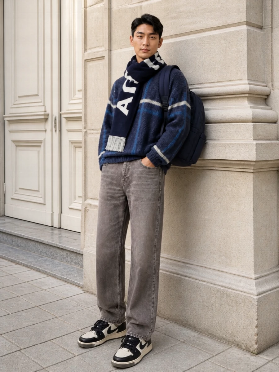 Represent knit taupe jeans sneakers outfit