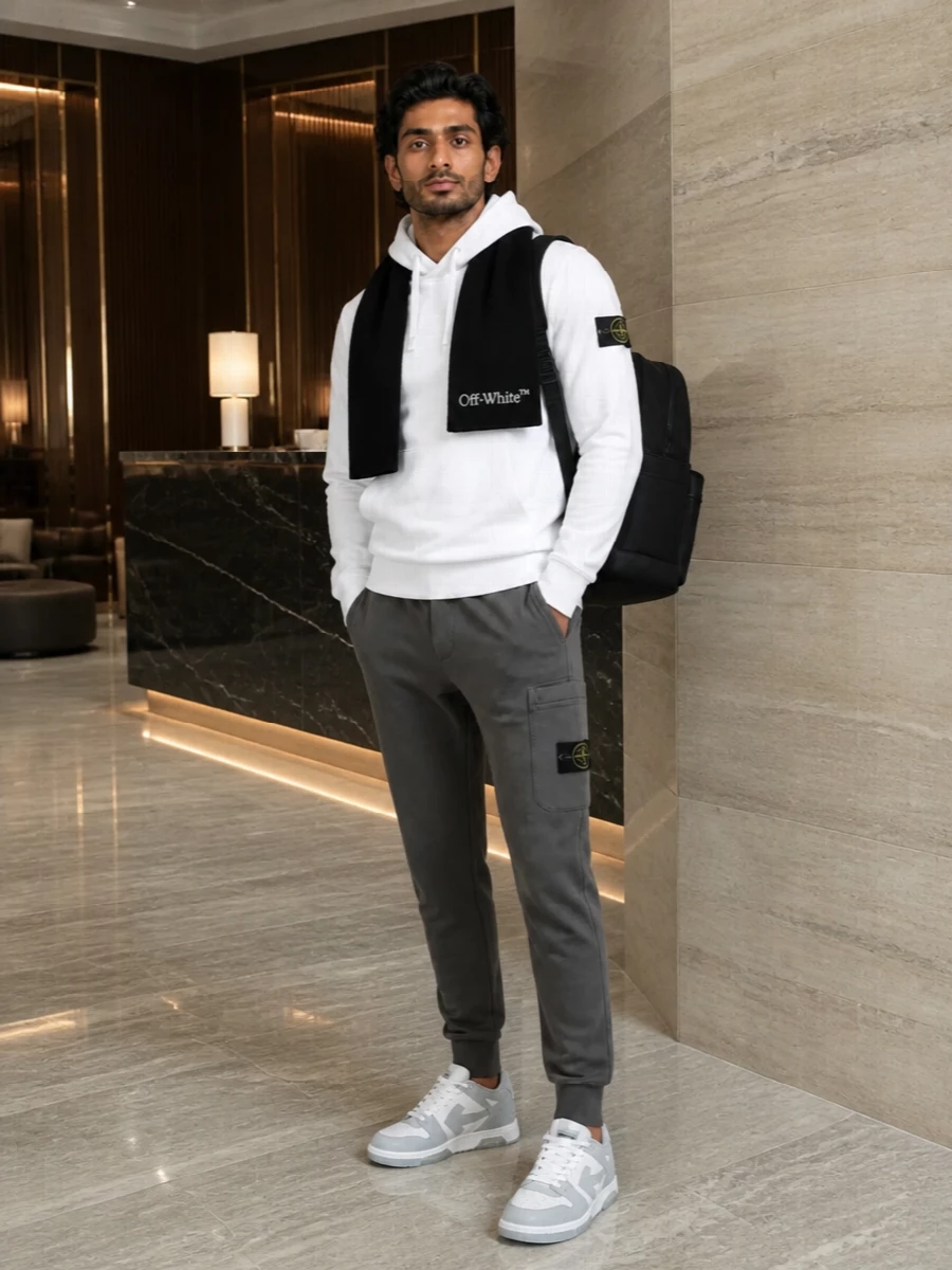 Stone island hoodie joggers off white sneakers