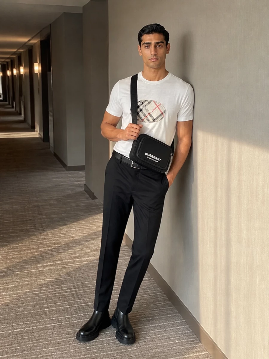Burberry mens check tshirt black chinos outfit