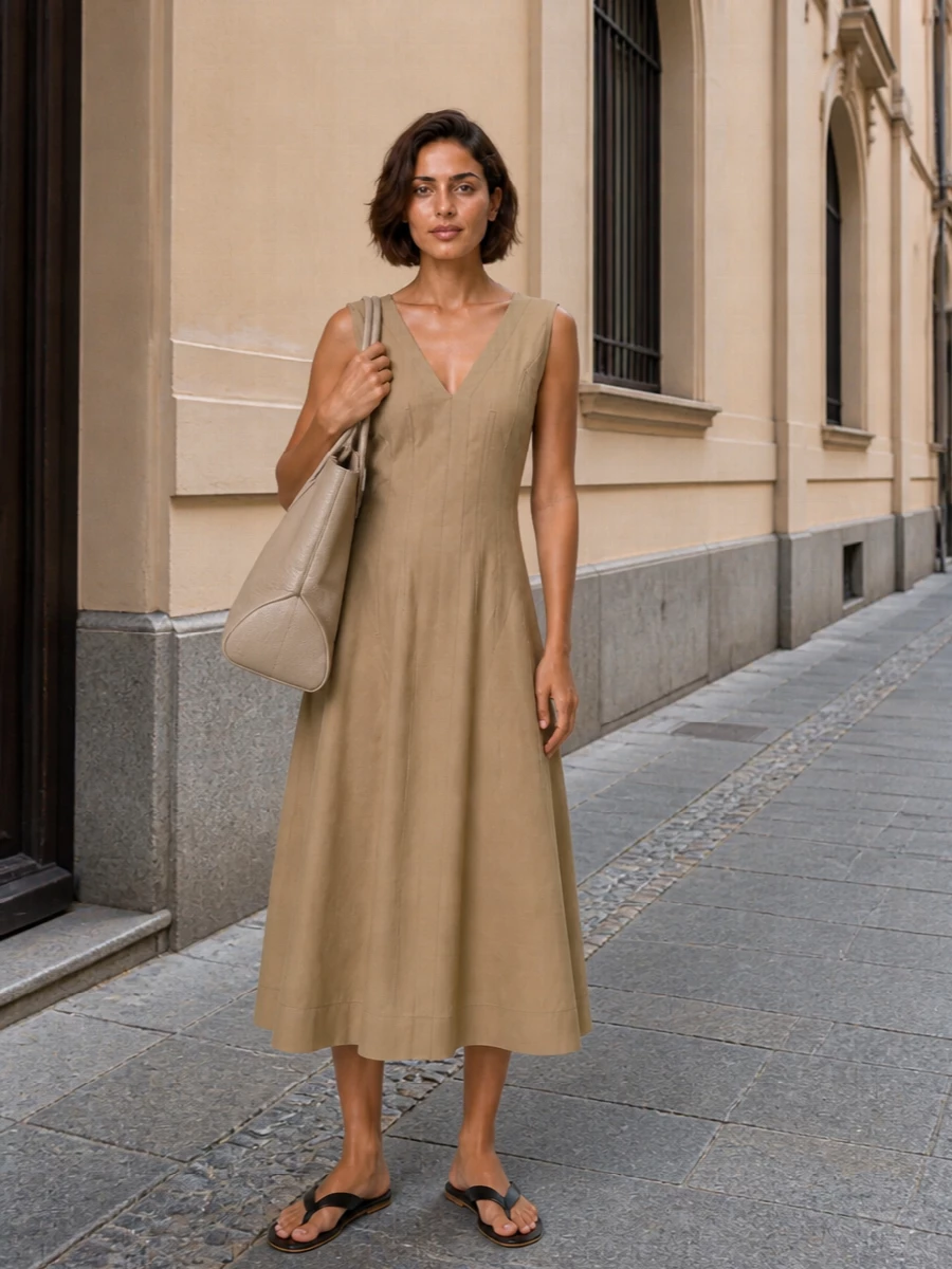 Bottega veneta sand midi dress black sandals