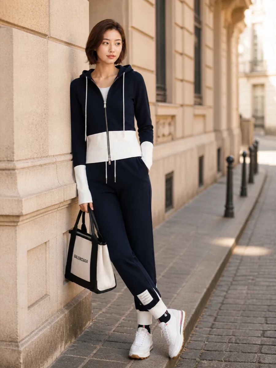 Thom browne navy joggers hoodie outfit
