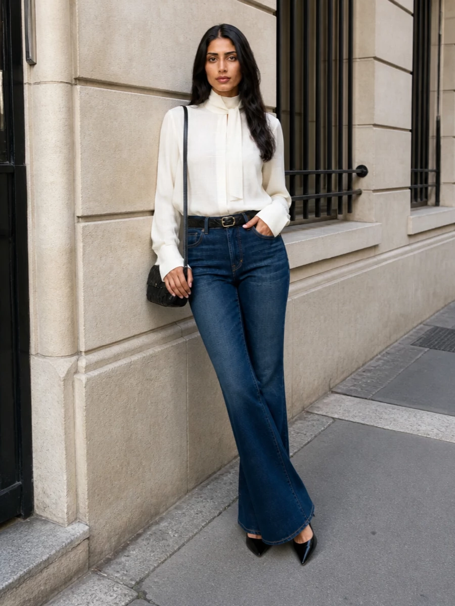 Indigo flared Tom Ford denim is elevated with the fluid ivory high-neck blouse, creating a balanced mix of precision tailoring and soft drape. Black patent stilettos, a slim black-and-gold belt and a compact intrecciato shoulder bag pull the look into polished FW evening territory while keeping the mood confidently understated. The result is a clean, leg-lengthening silhouette that moves effortlessly from a chic dinner to late-night drinks.