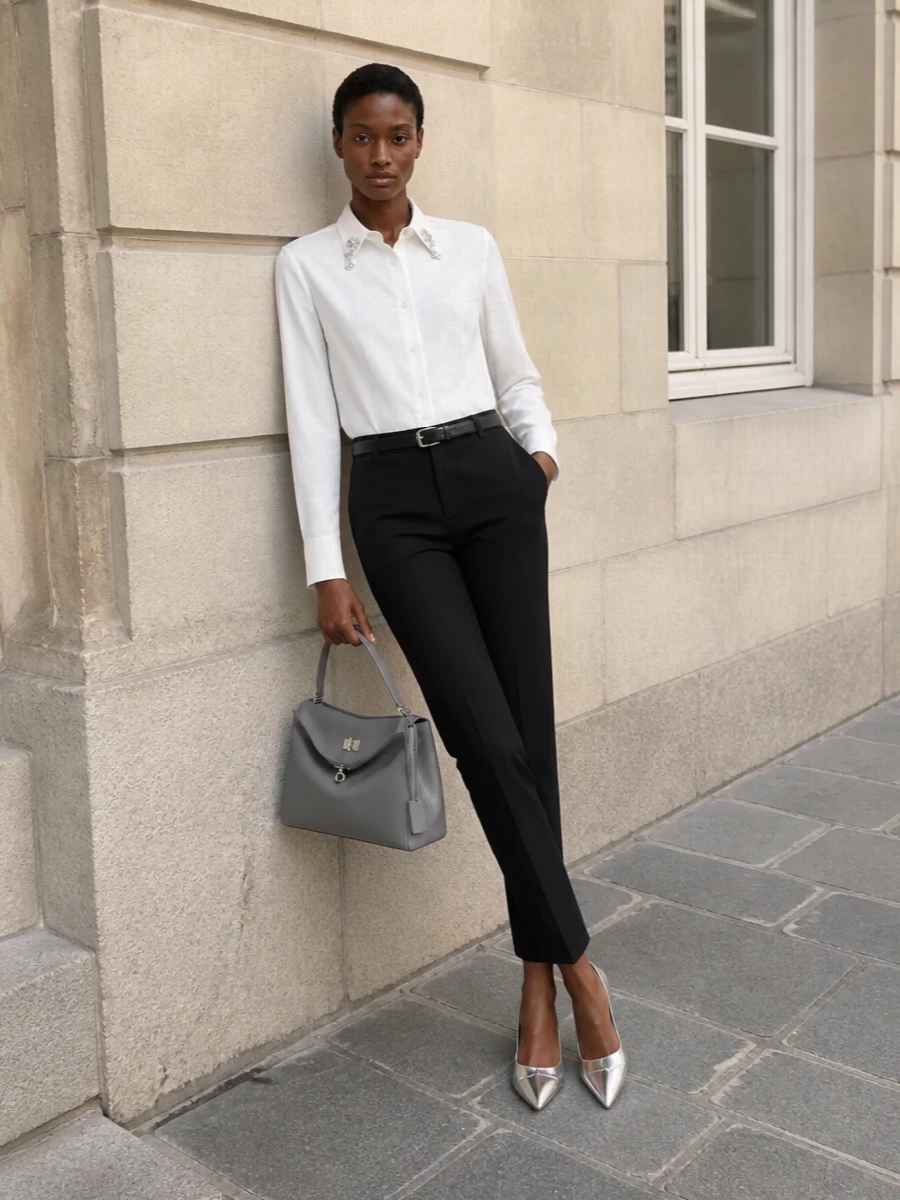 This look centres the crystal-tipped Prada shirt against impeccably cut black tapered trousers, creating a crisp, elongated line that reads boardroom by day and cocktail bar by night. Cool metallic pumps and a sculpted grey top-handle bag pick up the sparkle at the collar without competing with it, while a pared-back black belt keeps the waist sharp and the overall mood quietly luxurious and precise.