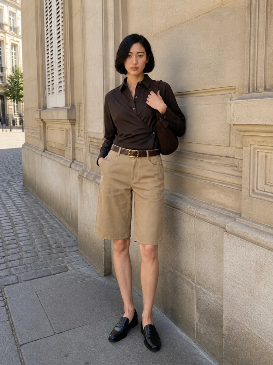 Lemaire camel shorts brown wrap shirt outfit