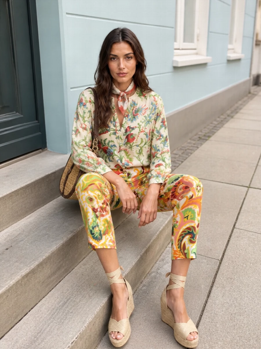 A sun-drenched Etro statement built on the cropped floral trouser, balanced with a soft ivory botanical blouse that echoes the colours without mirroring the pattern. Sand jute wedges and a woven tan shoulder bag ground all that print in earthy texture, keeping the mood romantic and resort-ready rather than costume. A terracotta-trimmed neckerchief is the final touch of colour that pulls the whole palette into a considered, bohemian harmony.