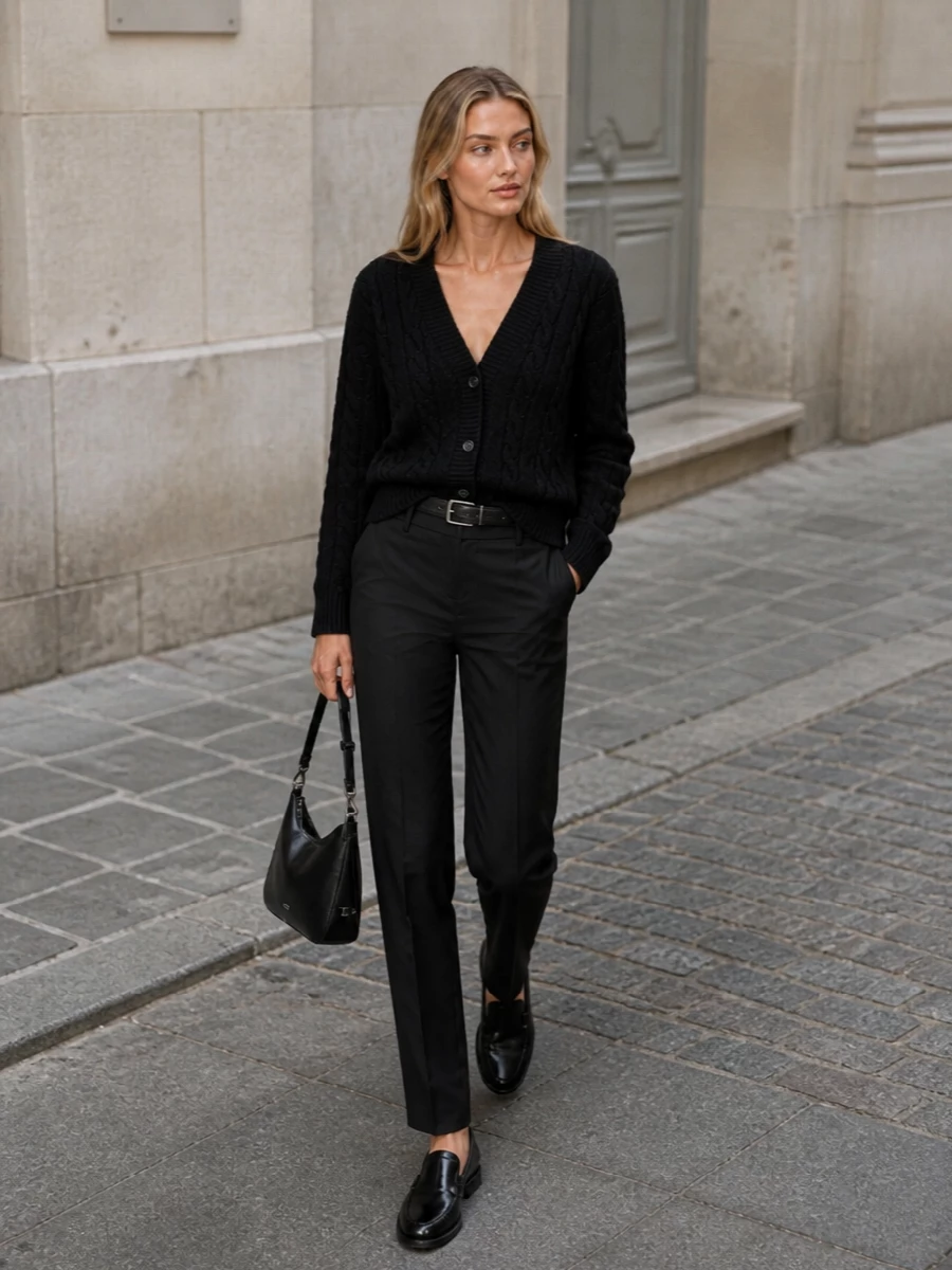 Black cable knit cardigan tailored trousers outfit