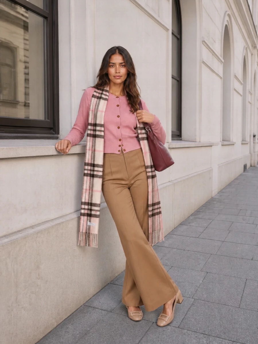 Dusty pink and camel anchor a calm, tailored silhouette, with the high-waisted flares giving the cardigan a long, leggy proportion. Nude patent pumps keep the line uninterrupted and polished, while the oxblood tote and soft check scarf add just enough depth and heritage pattern for a quiet, city-ready finish. The result is refined and warm, ideal for a workday that moves straight into dinner.