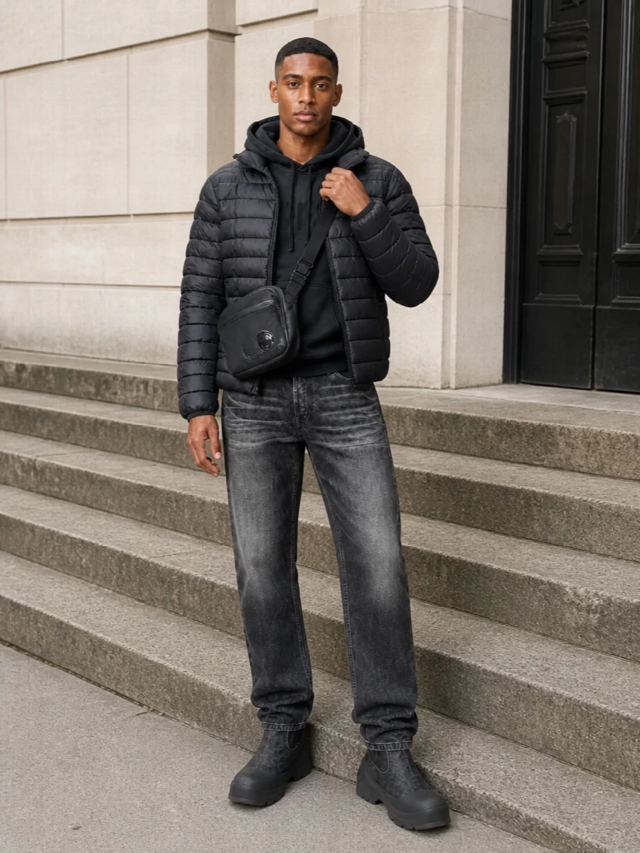 Diesel black puffer charcoal jeans chunky boots