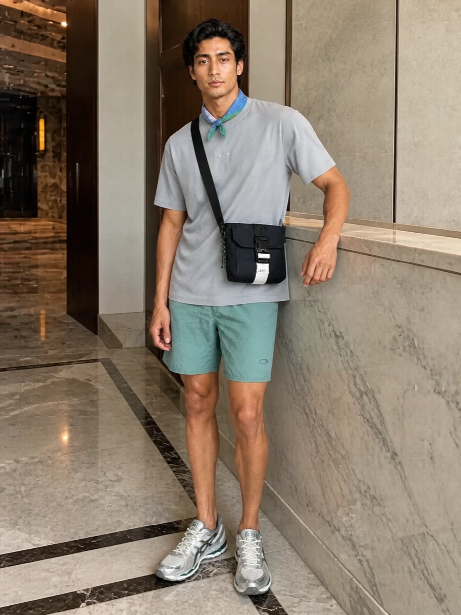 Cool-toned and clean, this pairing leans into soft seafoam and grey-blue for a low-key athletic set that works from training to city errands. The technical runners and compact crossbody keep everything functional and sport-driven while the palette stays calm and quietly graphic.
