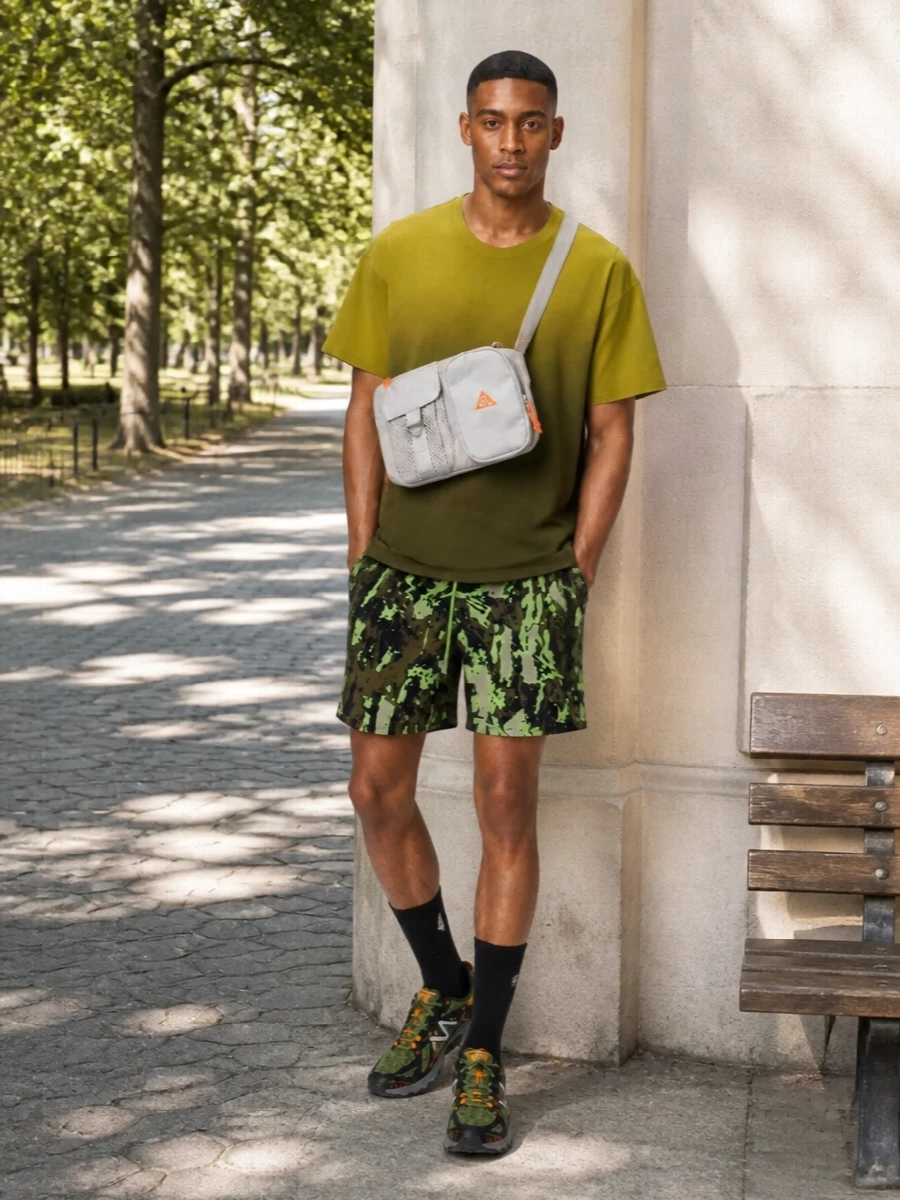 Nike acg camo shorts olive tee trail sneakers