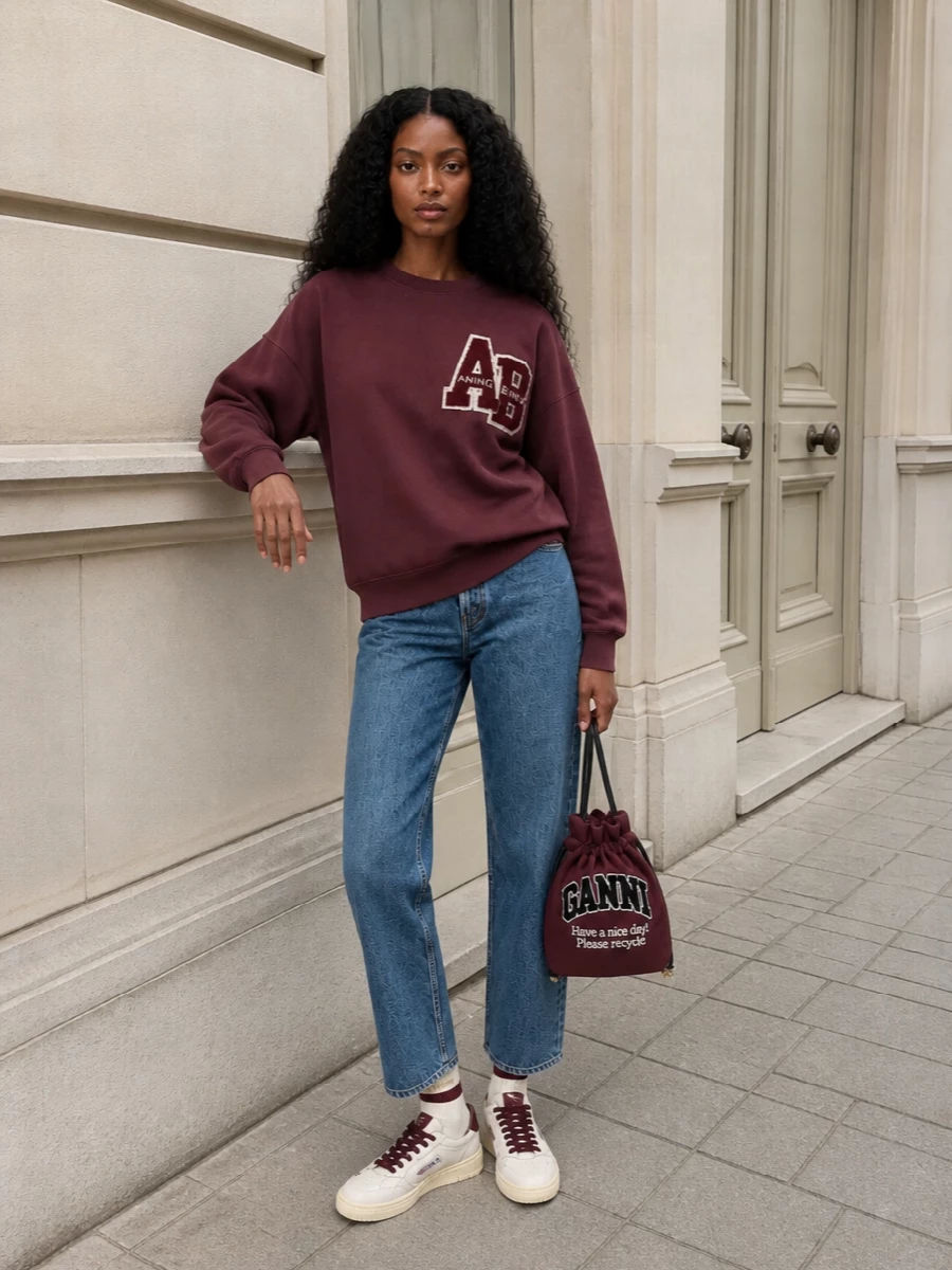 Anine bing varsity sweatshirt straight jeans autry