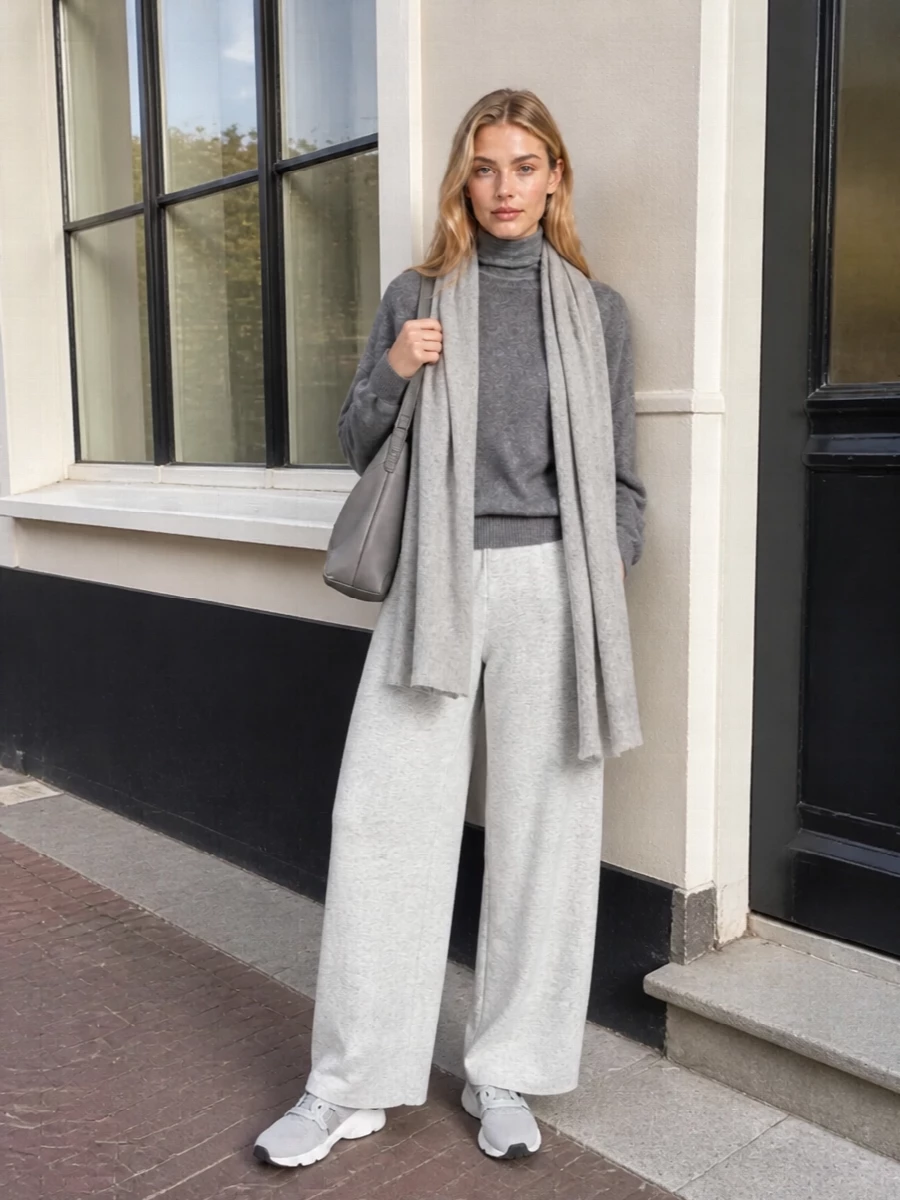 A column of soft greys keeps this knit pairing calm and precise, with the wide-leg pant balancing the relaxed sweater for a cocooned but clean line. Technical grey sneakers and a structured shoulder bag add just enough city polish while staying firmly in the quiet side of luxury. The heathered scarf extends the tonal story, giving depth and warmth without disturbing the simplicity.
