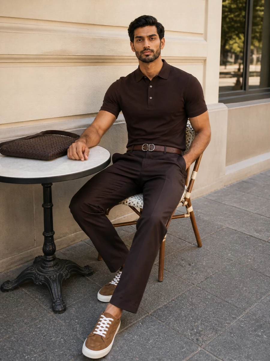 Tom ford brown knit polo trousers outfit