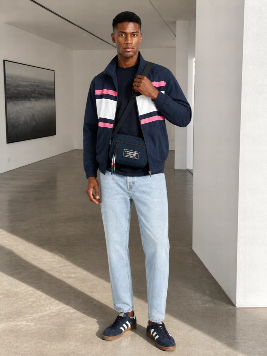 This outfit leans into Drôle De Monsieur’s terrace-inspired track jacket with a navy hibiscus tee and light tapered denim to keep the mood graphic but easy. Navy terrace sneakers and a compact belt bag lock in a clean, retro-sport palette that feels right for city days and low-key evenings. The proportions stay relaxed on top with a neater leg, so the jacket reads intentional rather than oversized.